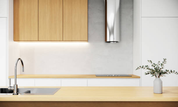 istock Wood table top on kitchen counter room background. Modern Japandi style apartment ideas, 3D rendering 1402080074