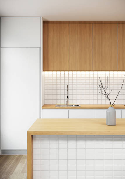 istock Stylish wooden tabletop in modern japandi kitchen interior design with tiles white wall. 3D rendering, white room apartment ideas 1402080228
