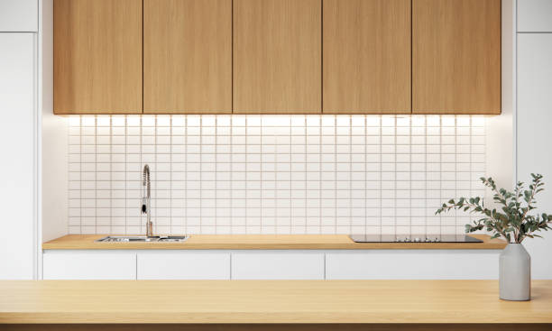 istock Stylish wooden tabletop in modern japandi kitchen interior design with tiles white wall. white room apartment ideas. 3D rendering 1402080229
