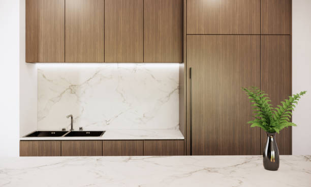 istock Stylish marble tabletop in modern japandi kitchen interior design. mock up room apartment ideas. 3D rendering 1402080297