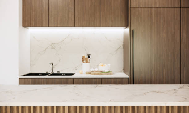 istock Stylish marble tabletop in modern japandi kitchen interior design. 3D rendering, mock up room ideas 1402080428