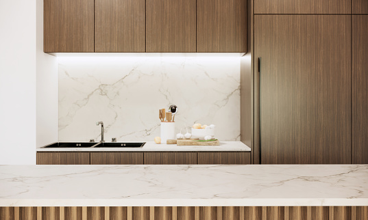 Stylish marble tabletop in modern japandi kitchen interior design. 3D rendering, mock up room ideas