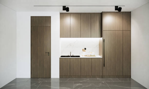 istock Interior of modern comfortable kitchen in white room apartment ideas. 3d rendering 1402080429
