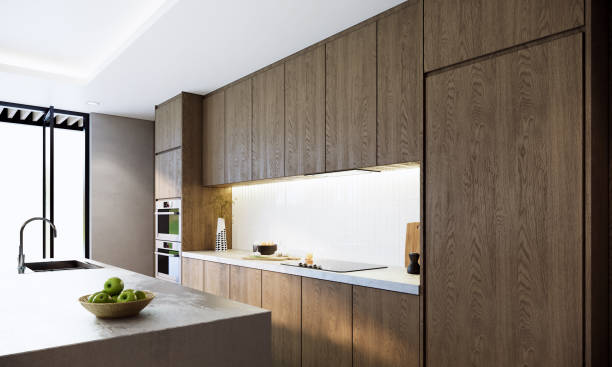 istock Mock up studio apartment room interior design and decoration in minimal and modern Japandi style with wooden wall. 3d rendering kitchen interior. 1402080968