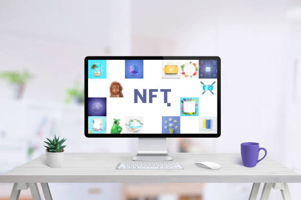 istock Computer display on work desk with NFT art concept. Non-fungible token composition concept 1402081959