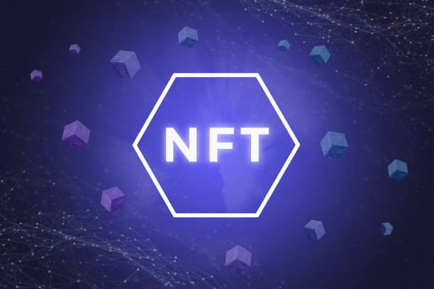 istock NFT 3d illustration with text in hexagon surrounded by blockchain blocks and network nodes on a blue background 1402081963