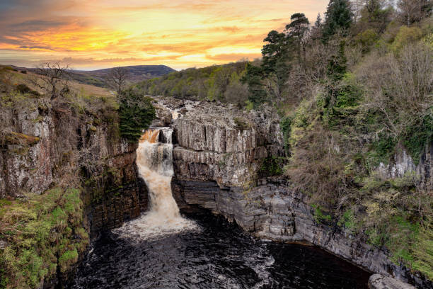 high force wasserfall in teesdale, north pennines, england - waterfall rapid landscape woods stock-fotos und bilder