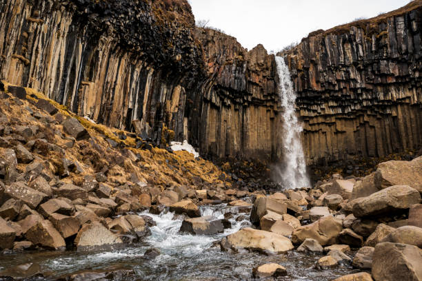 svartifoss waterfall and its iconic basalt columns, skaftafell, iceland, vatnajökull national park - skaftafell national park stockfoto's en -beelden