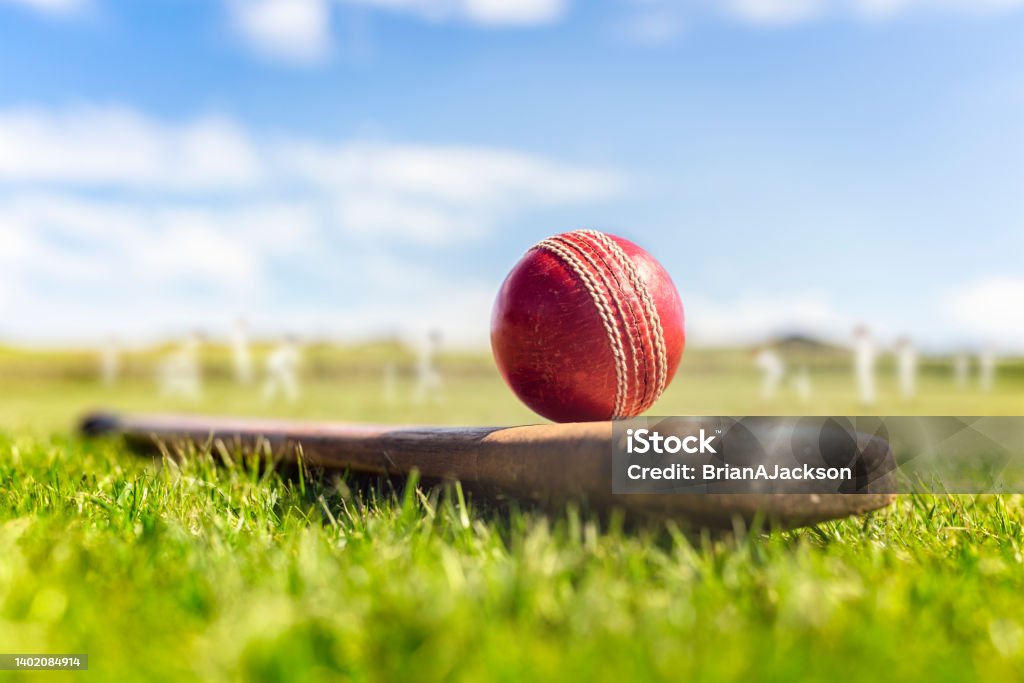 Cricket ball on top of cricket bat on green grass of cricket ground background Cricket ball on top of old wooden cricket bat on green grass of cricket ground background Sport of Cricket Stock Photo