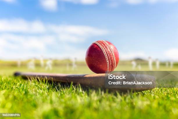 Cricket Ball On Top Of Cricket Bat On Green Grass Of Cricket Ground Background Stock Photo - Download Image Now