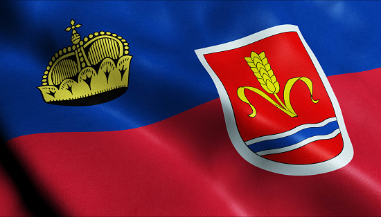 3D Illustration of a waving Liechtenstein city flag of Ruggell