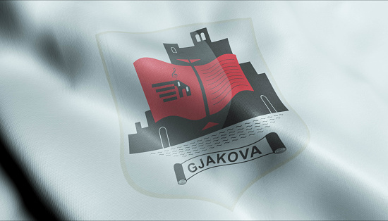 3D Illustration of a waving Kosovo city flag of Gjakova