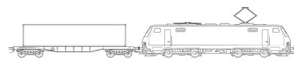 Vector illustration of Modern cargo train with container - outline vector stock illustration.