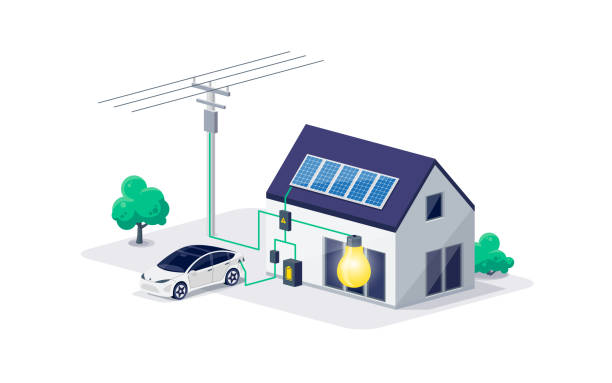 Home electricity scheme with battery energy storage and electric car charging Home electricity scheme with battery energy storage system on modern house photovoltaic solar panels and rechargeable li-ion backup. Electric car charging on renewable smart power off-grid system. solar panel stock illustrations