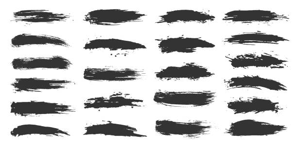 Ink paintbrush grunge texture black silhouette set Ink paintbrush grunge texture black silhouette set. Dab paint dirty ripped shape brush element backdrop text print fabric ad sign business card. Pattern dry cup marker calligraphy line isolated Splattered stock illustrations