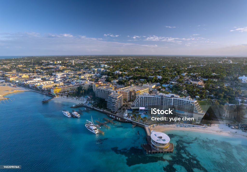 The drone aerial view of Nassau city and port , Bahamas. The drone aerial view of downtown district of Nassau city and port , Bahamas. Bahamas Stock Photo