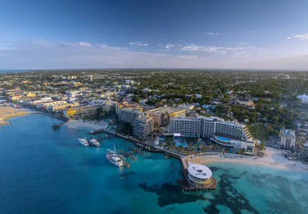 The drone aerial view of downtown district of Nassau city and port , Bahamas.
