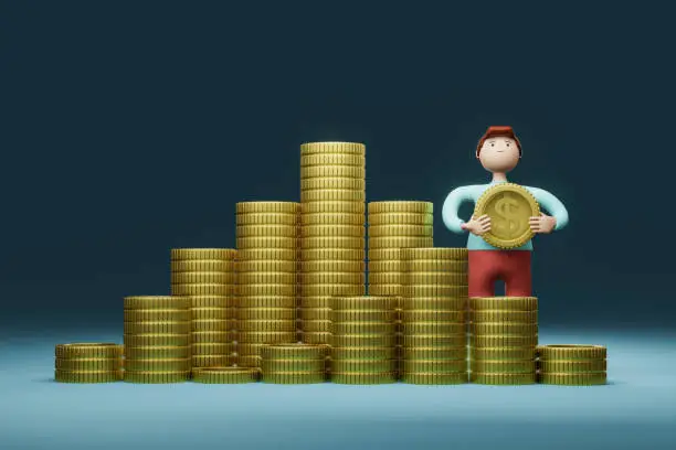 Photo of Portrait of a cartoon character with a stack of golden coins. 3d rendering