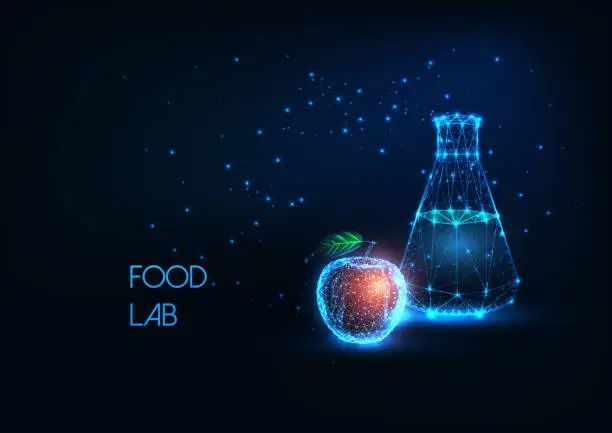Vector illustration of Futuristic food testing laboratory, biotechnology concept with glowing lab flask and apple