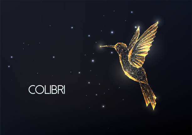 istock Gold hummingbird made of lines, dots, circles and polygons isolated on black background. 1402090212