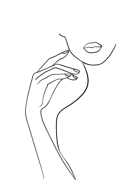 Minimal line art woman with hand on face. Black Lines Drawing. - Vector illustration Minimal line art woman with hand on face. Black Lines Drawing. - Vector illustration body adornment stock illustrations