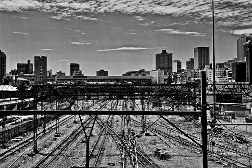 Black and white railway city scape scene