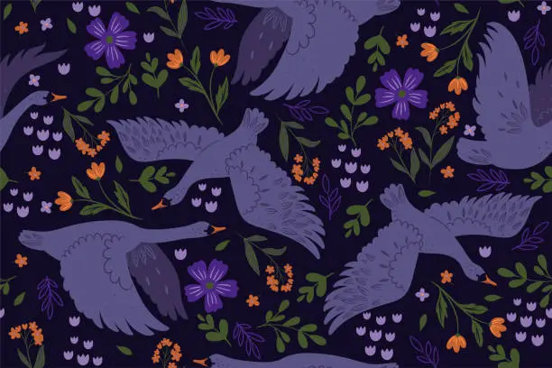 Vector illustration of Seamless pattern with flying swans and flowers. Vector graphics.