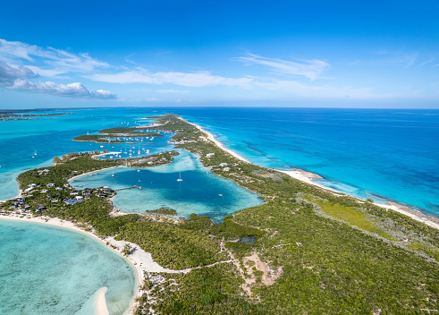 The drone aerial view of t Stocking Island, Great Exuma, Bahamas.