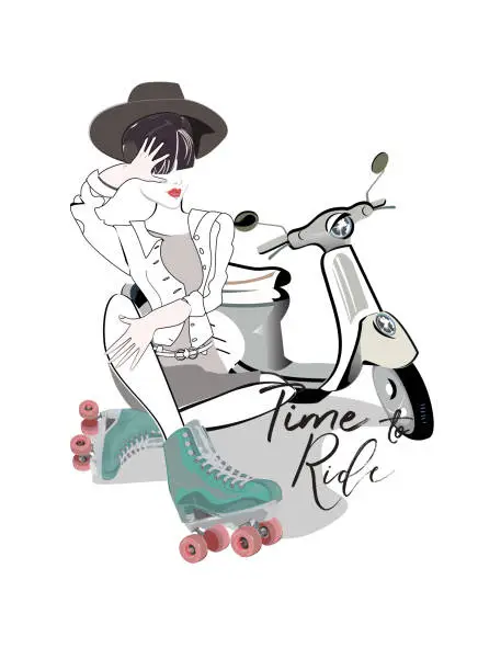 Vector illustration of Series of Fashion cute girls sketches with accessories. Beautiful girl in rollers with a scooter.