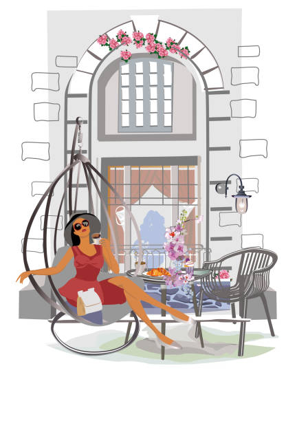 Fashion people in the restaurant. Street cafe in the old city. Girls drinking coffee at the table near the retro window. Fashion people in the restaurant. Street cafe in the old city. Girls drinking coffee at the table near the retro window. Hand drawn Vector Illustration. london fashion stock illustrations