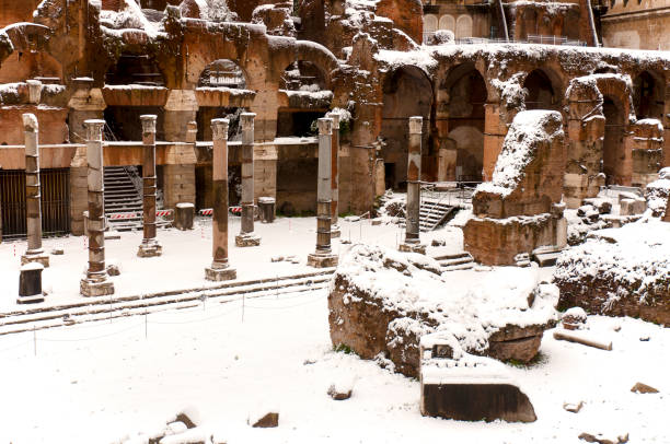 Snow covered view of the roman forum, Rome Italy