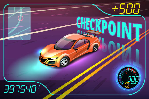 istock Winner in speed car racing goal in checkered board and first sport checkered flag 1402094101