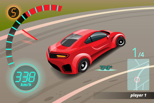 illustrazioni stock, clip art, cartoni animati e icone di tendenza di burnout car, gioco sport car drift per punto nel gioco. illustrazione vettoriale in stile 3d - super speedway