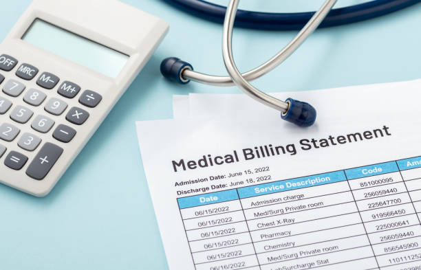 istock Medical bill with calculator and stethoscope on blue background 1402094456
