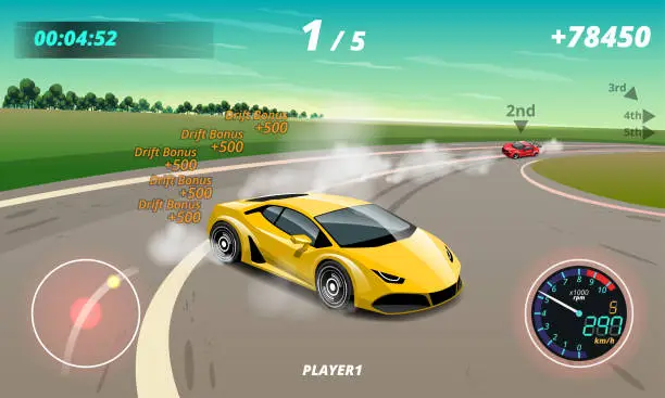 Vector illustration of Burnout car, game sport car drift for point in game. Vector illustration in 3d style design