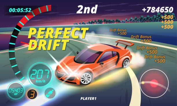 バーンアウト車、ゲームスポーツカーは、ゲームのポイントのためにドリフト。3dスタイルデザインのベクターイラスト - super speedway点のイラスト素材／クリップアート素材／マンガ素材／アイコン素材