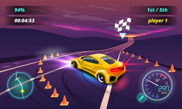 istock Car racing game in display menu juning for upgrade performance car of game player. 1402094611