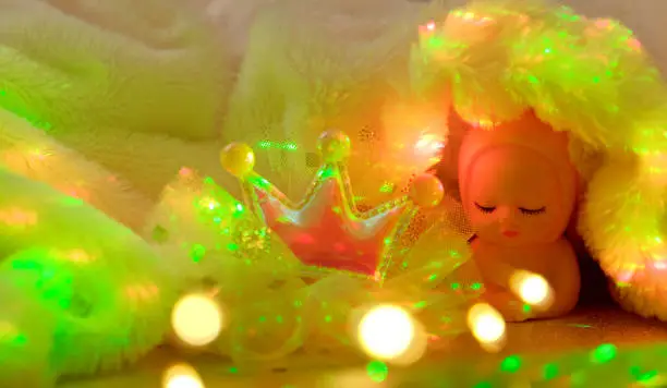 Christmas Night Room Kids. Details interior for little princess girl. Decorating baby bedroom