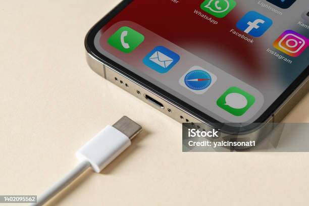 Antalya Turkey June 10 2022 Apple Iphone 13 Pro And Usbc Or Typec Wired Charger Eu Is Forcing All Devices To Use Usbc Or Typec Stock Photo - Download Image Now