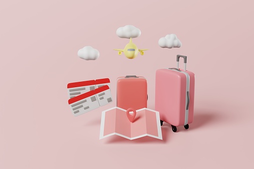 3D rendering plane flying on the suitcases, map, boarding pass with cloud on pink background. Traveling aboard, vacation concept
