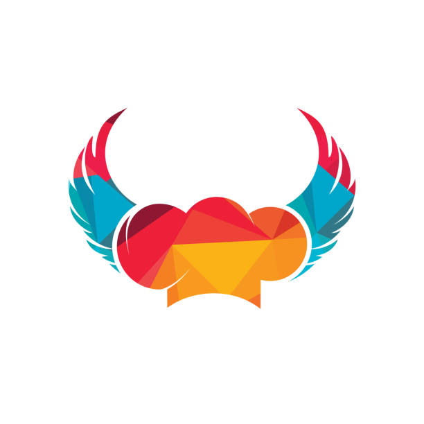 ilustraciones, imágenes clip art, dibujos animados e iconos de stock de plantilla de diseño de logotipo vectorial de chef volador. sombrero de chef con logotipo de icono de alas. - the phoenix of wits