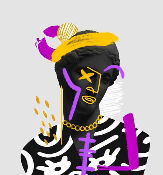 istock Contemporary art collage with antique black colored statue bust with neon drawings. Surreal style. 1402097491
