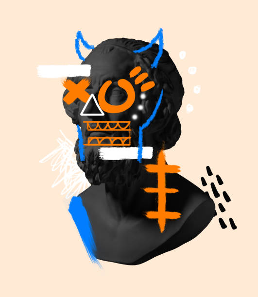 istock Contemporary art collage with antique black colored statue bust with neon drawings. Surreal style. Modern vision of David's head 1402097492