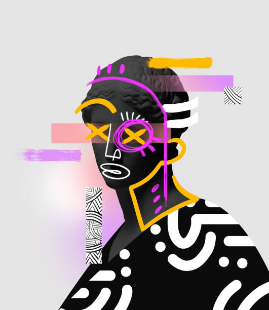 istock Contemporary art collage with antique black colored statue bust with neon drawings. Surreal style. Female eye element 1402097493