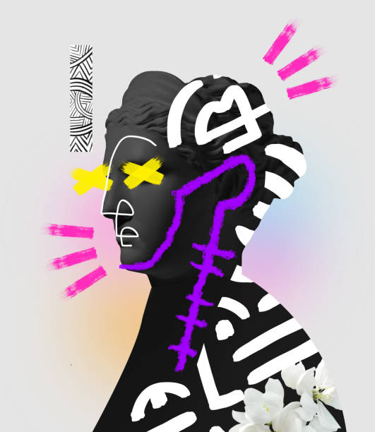 istock Contemporary art collage with antique black colored statue bust with neon drawings. Surreal style. 1402097505