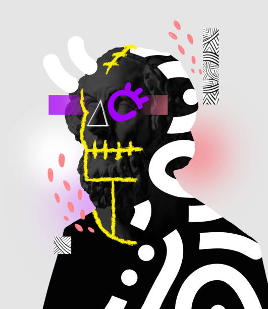 Contemporary art collage with antique black colored statue bust with neon drawings. Modern vision of David's head. Postmodernism style. Concept of creativity, sculpture artwork, fun