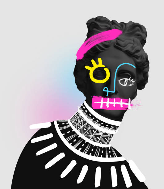 istock Contemporary art collage with antique black colored statue bust with neon drawings. Surreal style. New fashion 1402097510