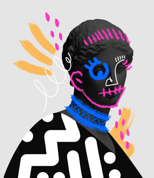 istock Contemporary art collage with antique black colored statue bust with neon drawings. Surreal style. 1402097512