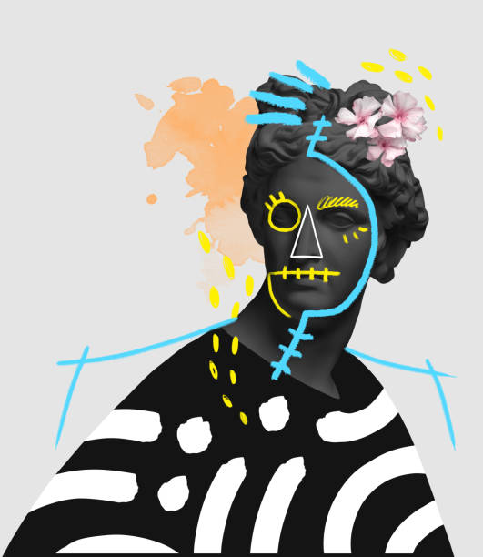 istock Contemporary art collage with antique black colored statue bust with neon drawings. Surreal style. Colorful splashes 1402097513
