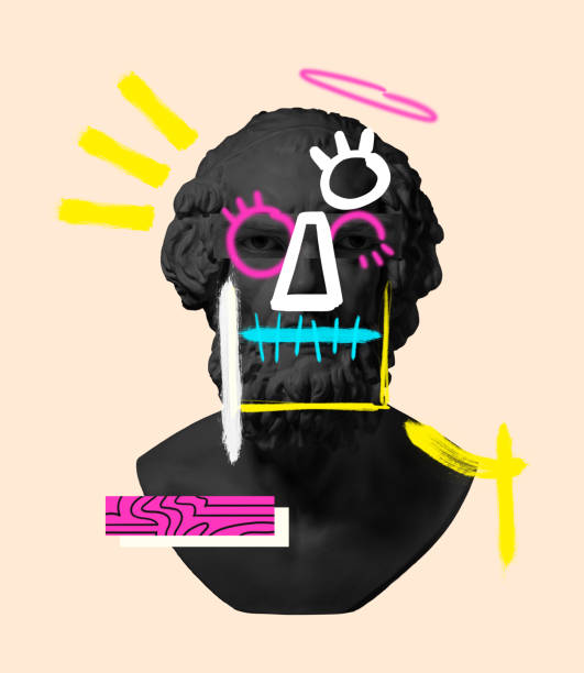 istock Contemporary art collage with antique black colored statue bust with neon drawings. Surreal style. Serious look 1402097519